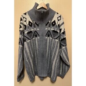 Vtg 90s Milford Blue White Geometric Tribal Cardigan Full Zip Pockets Mens L USA